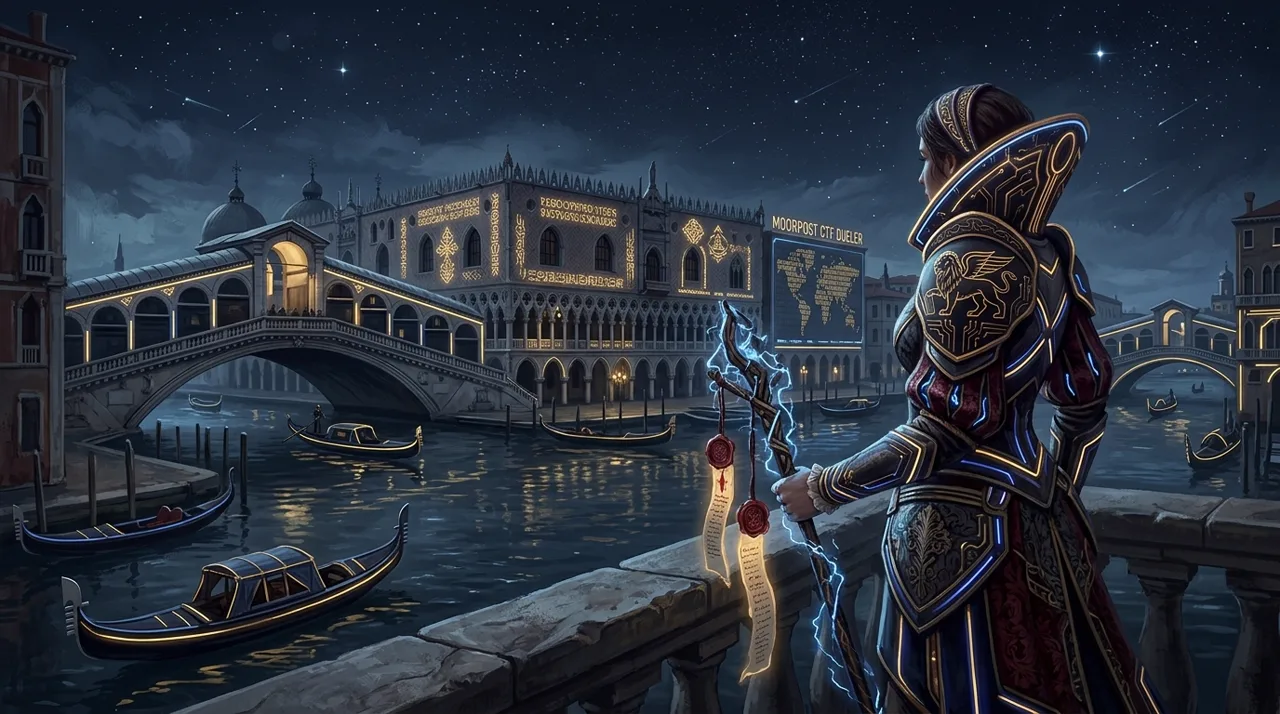 Republic of Venice 1490 night dispatch courier racing across the moonlit lagoon with secret Senate ciphers